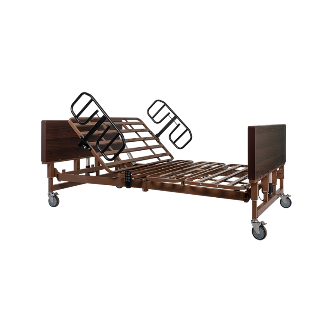 A Dynarex Bari+Max Bariatric HD Full-Electric Bed in brown, featuring metal side rails, a raised head section, and wheels on each leg, shown against a white background.